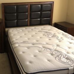 Belcourt Brown Cherry Finish 3 Pc Queen Upholstered Sleigh Arch Bed with mattress