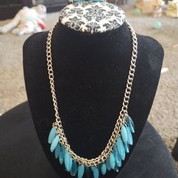 Silver Tone Necklace And Earrings With Teal Beads 