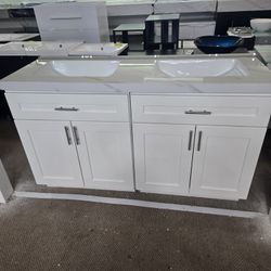 60" White Double Sink Bathroom Vanity with Engineered Marble Top – Shaker White Style
