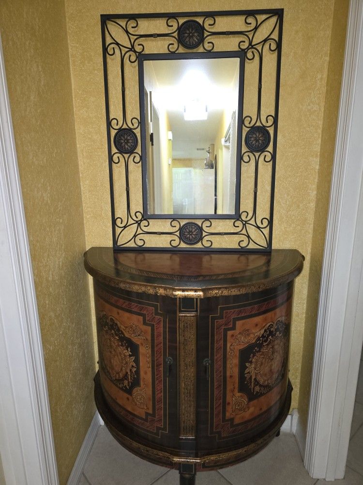 20th Century Antique Ebonized & Gilt Decorated Demilune Stand with Roman Greco Floral Reserve