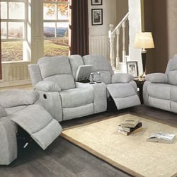 Grey Chenille Fully Reclining Three Piece Couch Set 