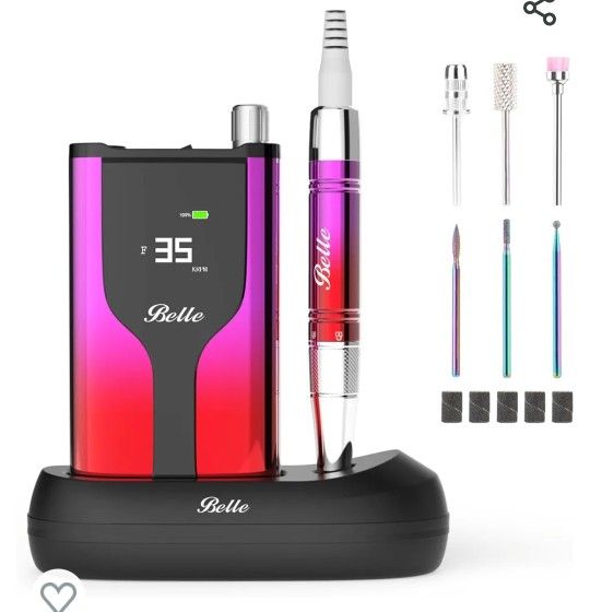 Belle Professional Nail Drill Machine,35000 RPM Rechargeable Nail File for Acrylic Nails with 6 Nail Drill Bits , Brushless Motor E File for Manicure