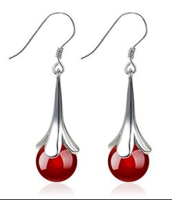 925 Sterling Silver Round Red Moonstone Dangle earrings