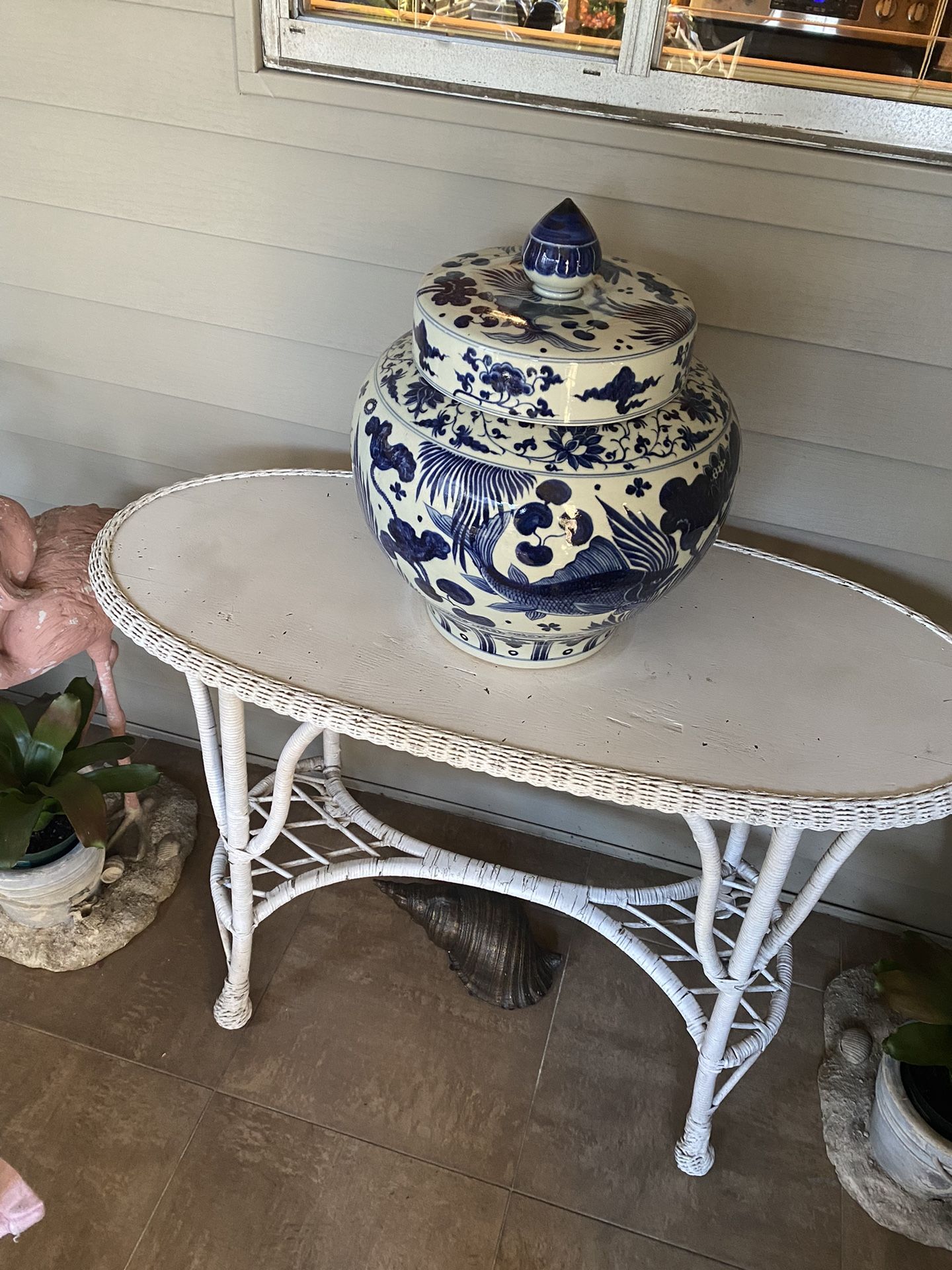 Antique white wicker console Table