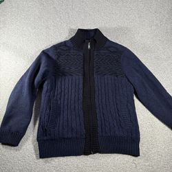 Boston Traders Mens Sweater Blue Large Cotton Full Zip Fleece Lined High Neck