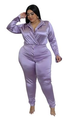 Lavendar Satin Plus Size Long Sleeve Pants Set