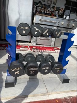 Complete dumbbell set with rack 5.lbs 8.lbs 15.lbs 20.lbs