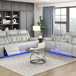 Brand New Light Gray Synthetic Leather Motorized Reclining Sofa + Loveseat With Blue LED, Cup Holders, Charging Ports, USB