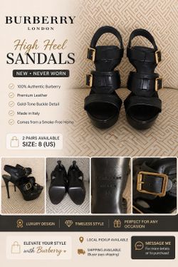 Burberry Heels Size 8 Black Leather Platform Sandals New Authentic