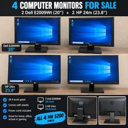 Lot of 4 Monitors – 2 Dell E2009Wt + 2 HP 24m