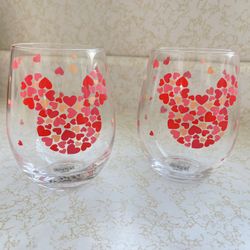 Disney Mickey Minnie Mouse Heart Head Stemless Wine Glasses Set 2 Valentine Day