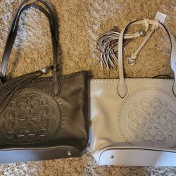2 BRIGHTON FERRARA COLL. PEWTER GABRIELLA Medallion Tassled Tote Purse's