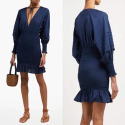 RHODE blue smocked tie-neck v-neck balloon sleeve mini dress cotton size S small
