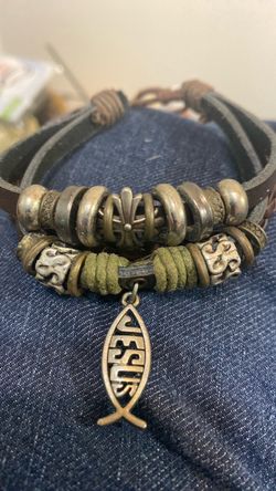 Genuine leather religious bracelet with charms, fish across and silver, green and brown leather, great shape
