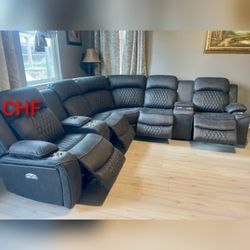 Modern charcoal leatherette high Quality power reclining sectional w/ USB port