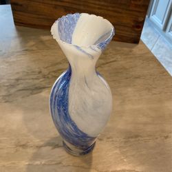 Murano Italy Blue And White Swirl Glass Vase