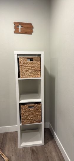IKEA White 4 Cube Storage Shelf with Wicker Baskets