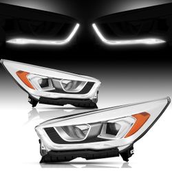 Headlights Assembly compatible with 2017 2018 2019 Ford Escape Halogen Projector Headlamp w/LED DRL Driver+Passenger,Chrome Housing