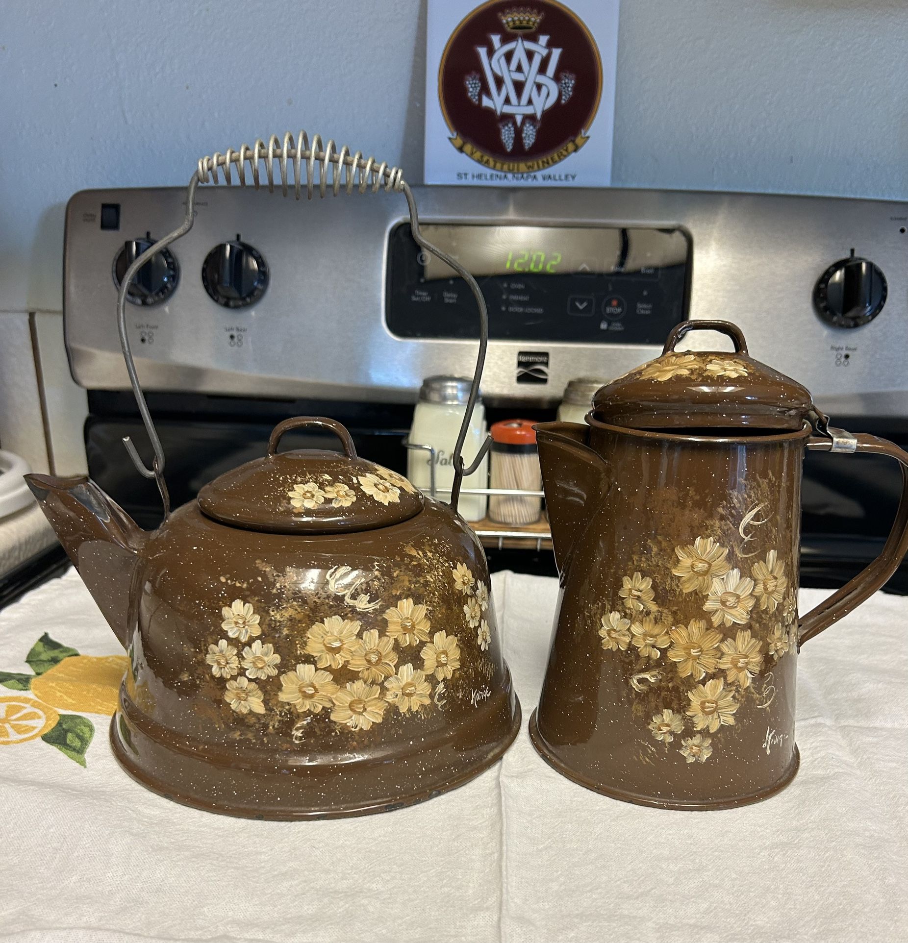 Vintage Brown Speckled Enamelware Tea Pot & Coffee/tea Pot