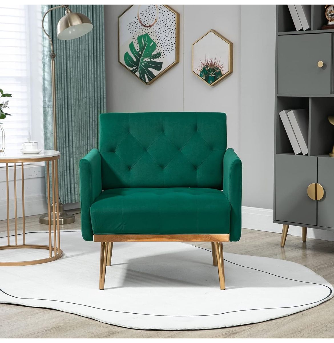 Modern Velvet Accent Chair, Upholstered Single Sofa Arm Chair with Rose Gold Metal Trim, Comfy Living Room Lounge Armchair for Relaxing, Emerald Green