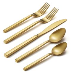 Alata Cube Gold 19-Piece Flatware Set, Matte Gold Silverware Service for 4, Stainless Steel