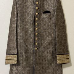Manyavar Men's Gold & Blue Jacquard Traditional Groom Sherwani Size 95cm M 38