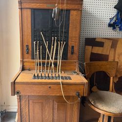 Beautiful antique wooden manual telephone switchboard with original Monarch Telephone Mfg. Co., Chicago plaque and Lake Dallas Telephone Company histo