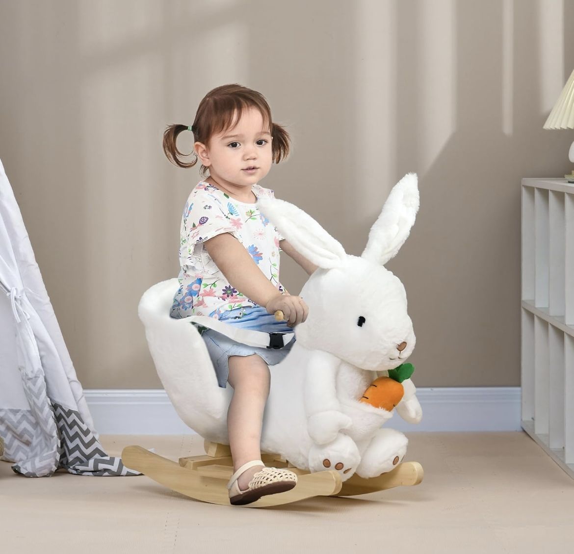 New Baby Rocking Horse, Riding Horse, Bunny Rabbit Themed Rocker with Carrot Toy, Realistic Sound