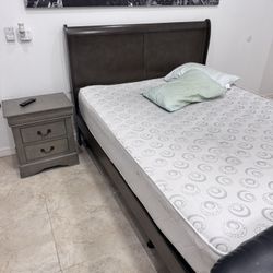 Queen Bed Frame + Mattress + Night Stand And Box Spring 