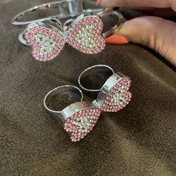 Pink And White Heart Bracelet And Ring Set 
