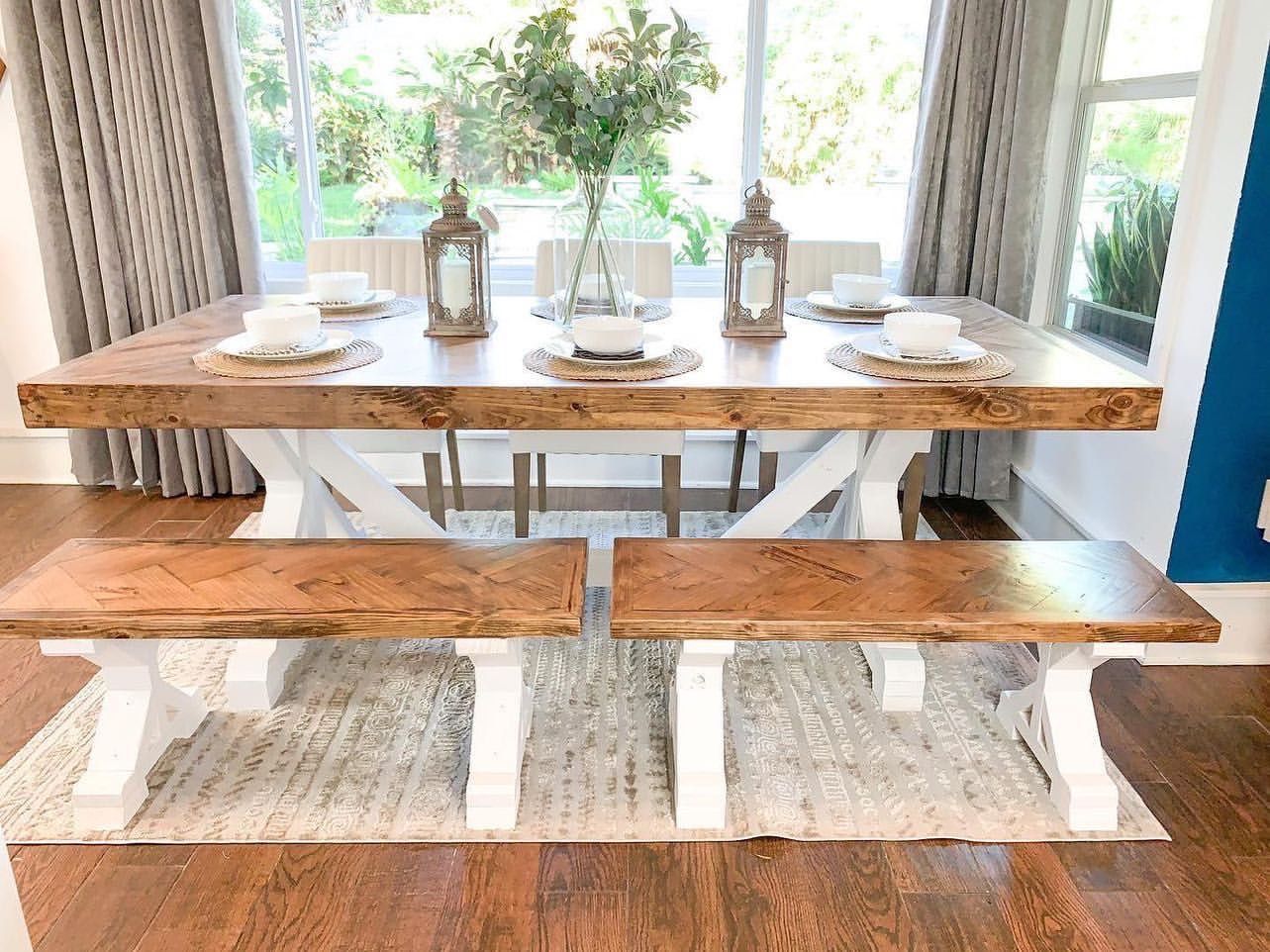 Custom Dining Table Solid Wood Farmhouse Set Round Oval Modern Rustic Hand Built Handcrafted Bench Kitchen Breakfast Counter Bar Comedor Farm House