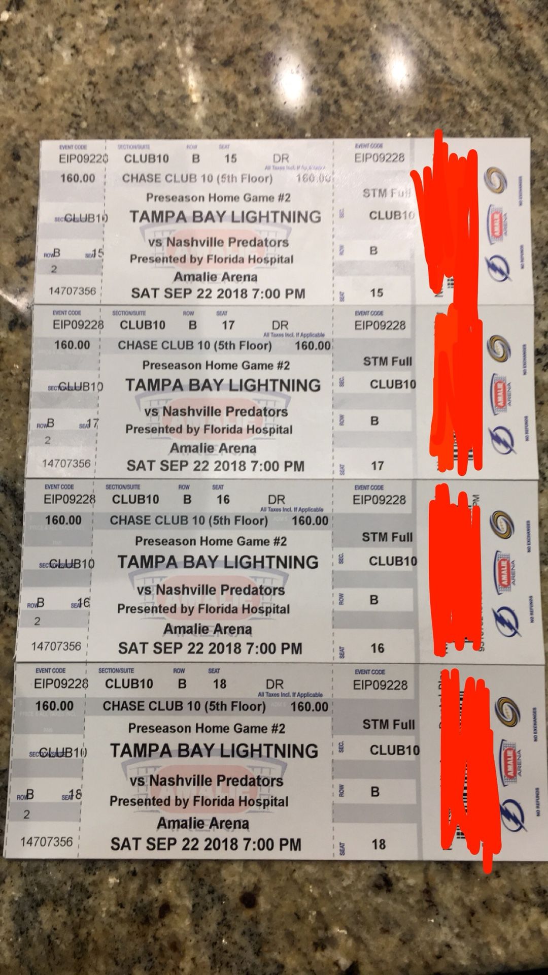 (4) CHASE CLUB Tampa Bay Lightning vs. Florida Panthers tickets. Free AYCD + AYCE. $150 each or $400 for all 4. Parking Pass included.