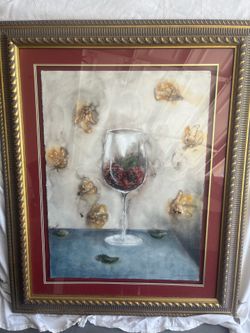 Large framed textured floral/wine glass artwork – ornate frame – excellent condition