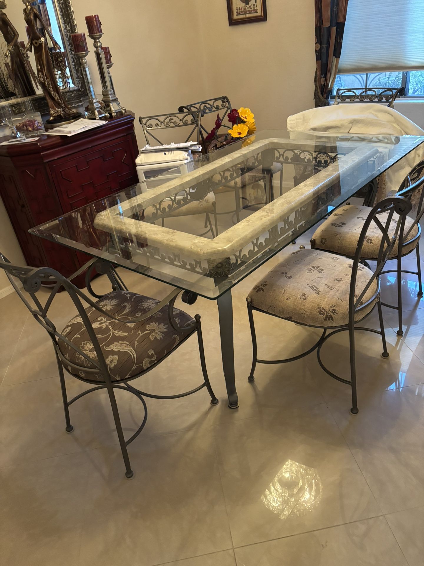 Elegant Dining Set -Glass and Wrought Iron - Table and Six Chairs