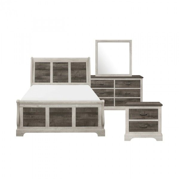 Bedroom Set Farmhouse Style White Gray Queen Set NEW 4 PIECES