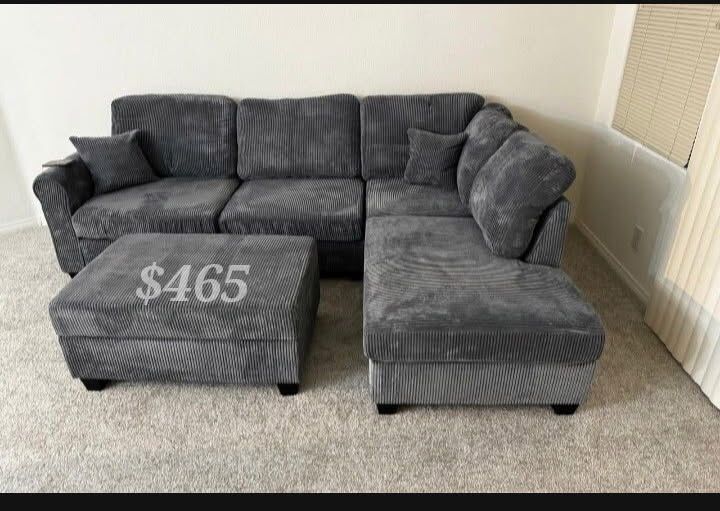 $465 No Tax 3-Pc Corduroy Sectional Sofa With Storage Ottoman