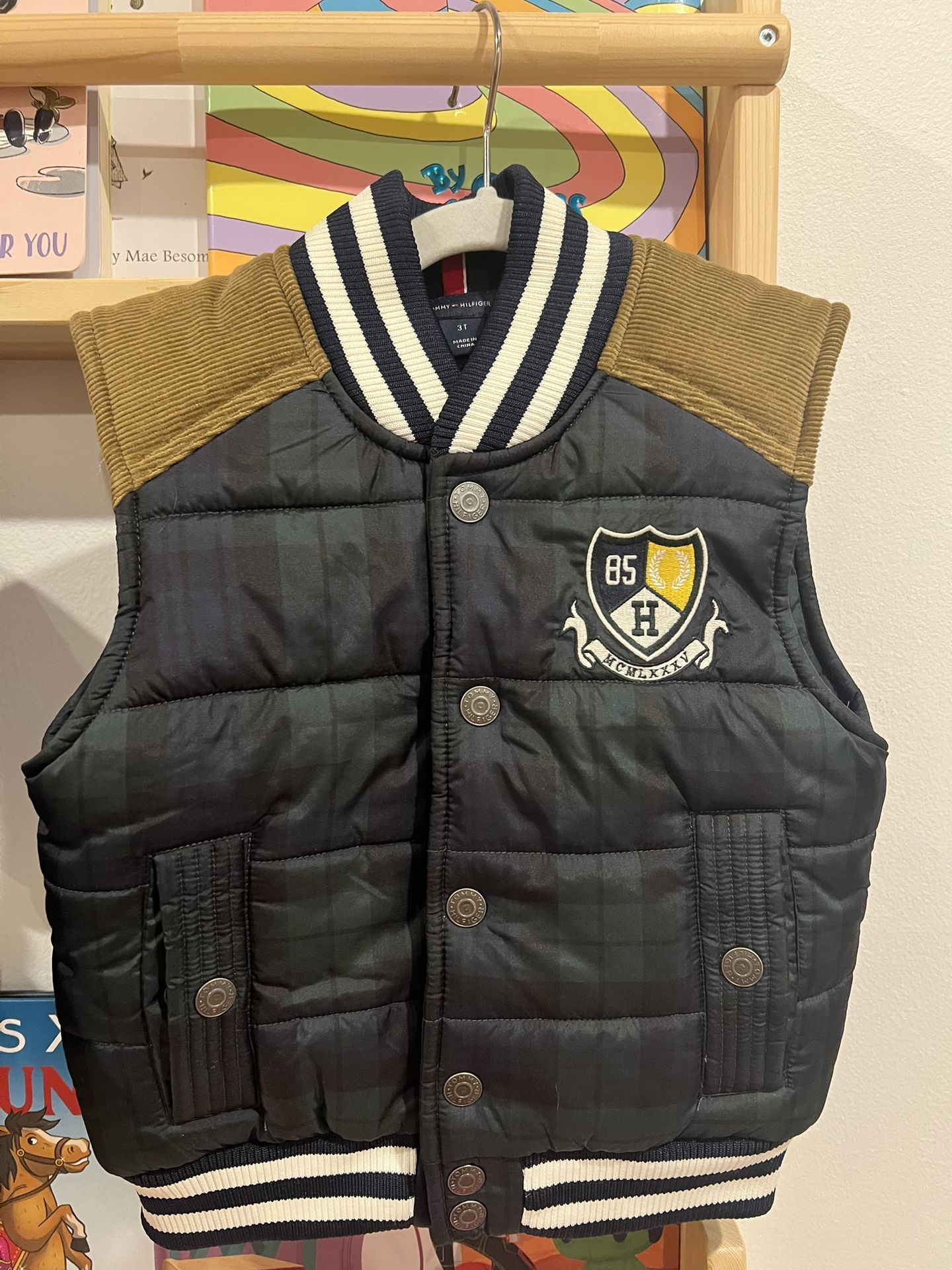 Tommy Hilfiger Boys Plaid Navy Puffer Vest With Tan Corduroy