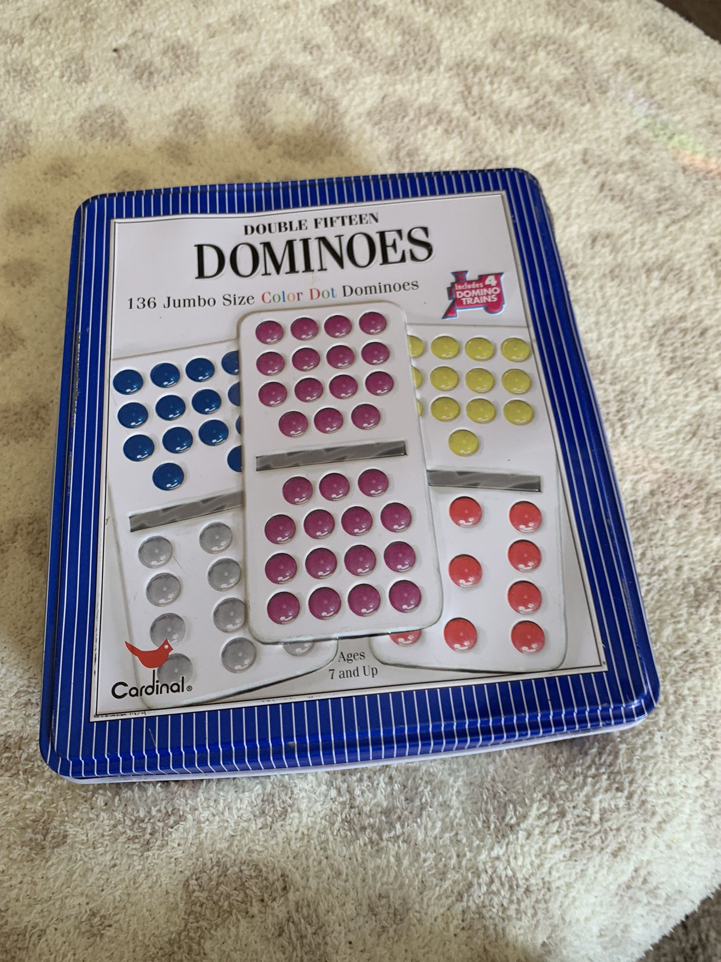 Cardinal Double 15 Color Dot Dominoes with Tin Case by Cardinal The box reads 136 pcs missing 10 pcs