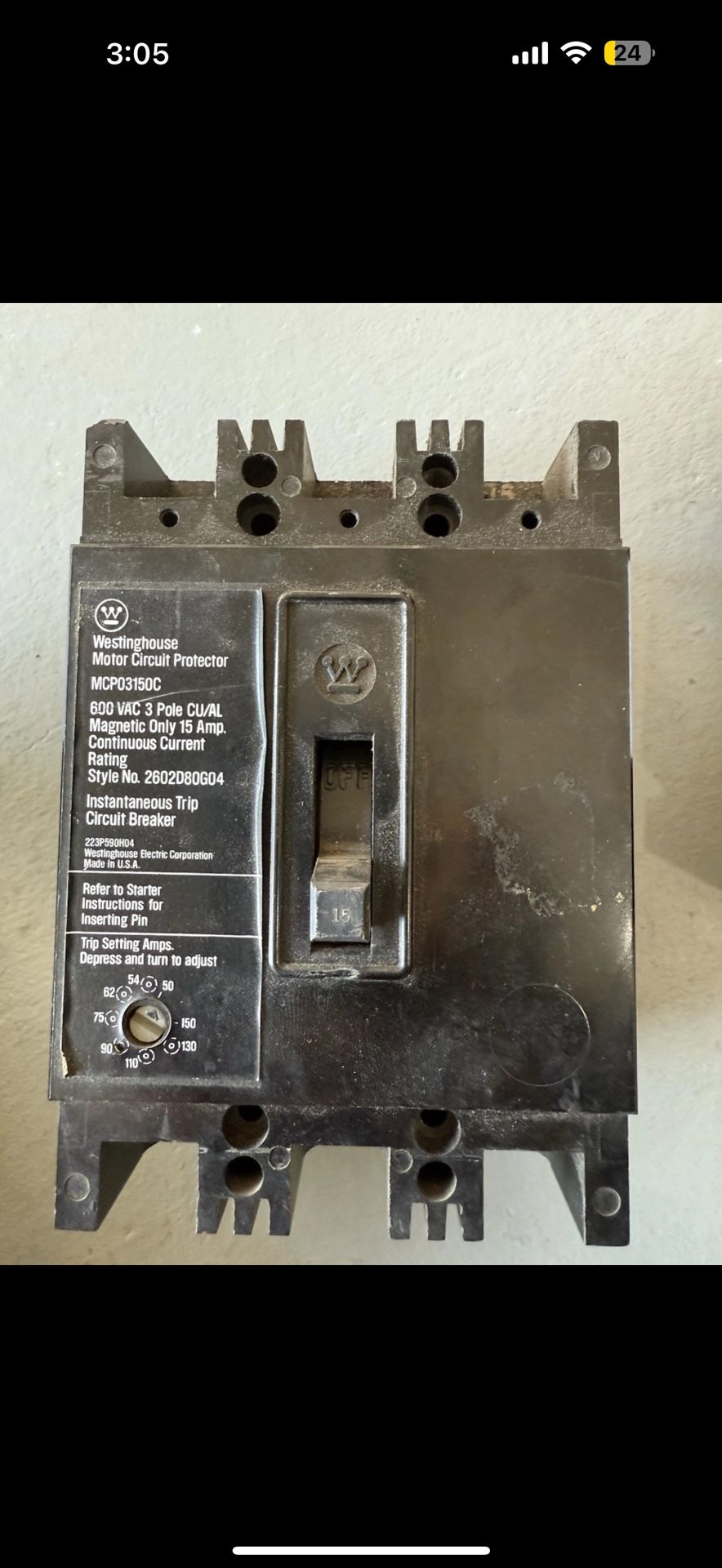Westinghouse Motor Circuit Breaker Protector MCP03150C 15 Amp 600 Volt 3 Pole