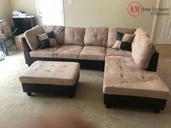 SECTIONAL TAN COLOR AND LEATHER WITH STORAGE OTTOMAN AND ACCENT PILLOWS