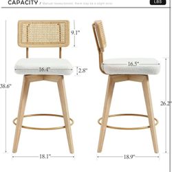 26” Natural Rattan Bar Stools, Swivel Solid Wood Counter Stool Set of 2, Upholstered Armless Bar Chairs with Wooden Legs for Kitchen Island, White Ted