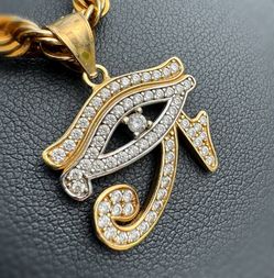 Jewelry 10k yellow gold mom white CZ stone 0.70CTW eye of Horus pendant rope chain necklace 22.00” 4.50mm