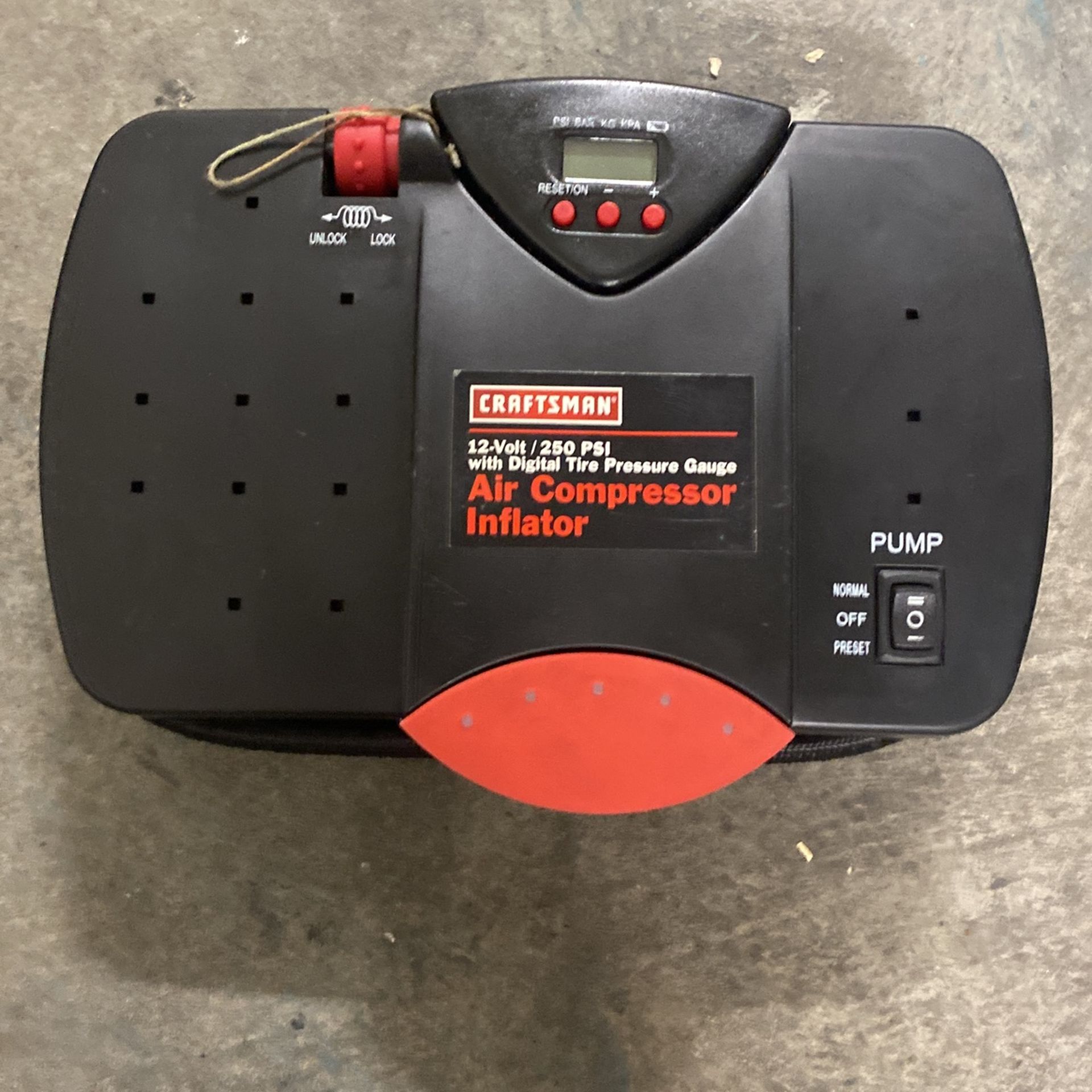 Craftsman 12V Portable Air Compressor Inflator with a digital tire pressure gauge. Hel