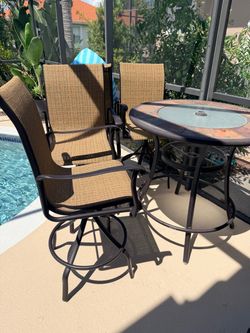Patio high top table and 4 chairs glass umbrella holder