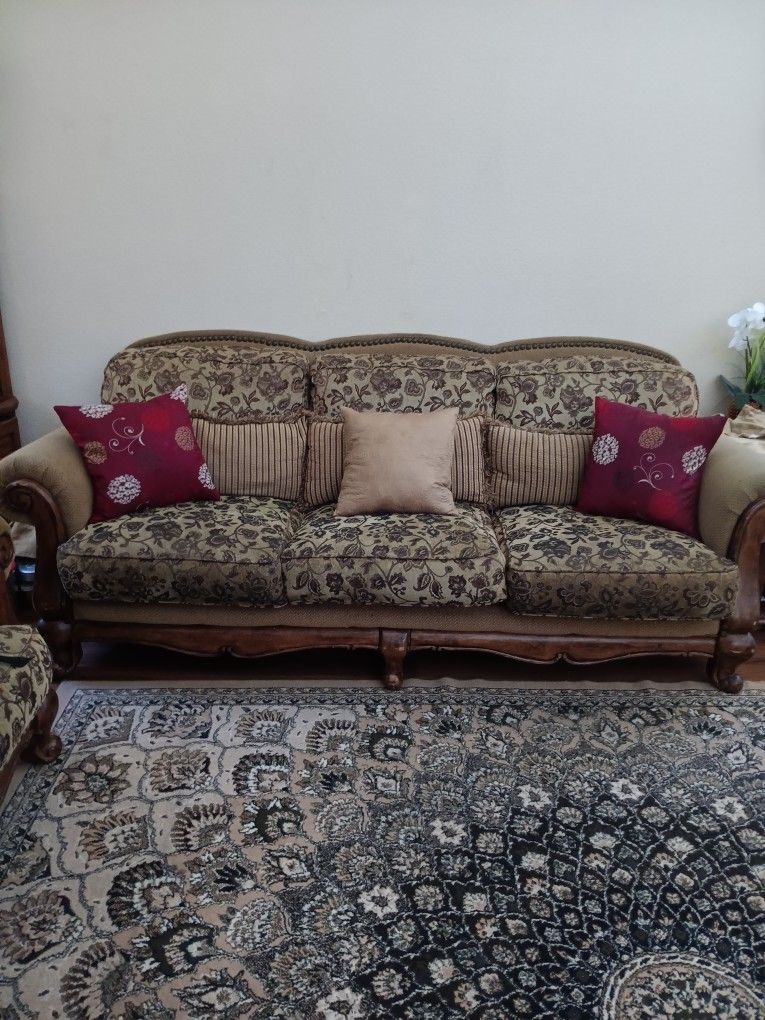 Rustic Couches + Ottoman w/ Pillows