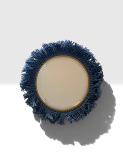 Teal Fringe Bohemian Circled Wall Hanging Mirror, Shatterproof Acrylic Round Decorative Mirror. Size: 10 inch wide.