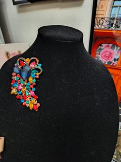 Huge Multicolor Crystal Floral Statement Brooch and Pendant Glass