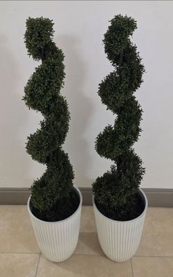 PAIR of 4ft Faux Boxwood Spirals in 14in White Ribbed Planters (2 for $120) @ Lasting Creations