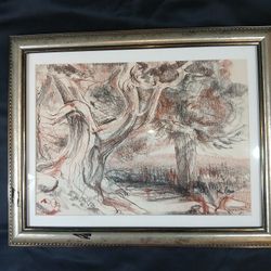 Original Signed Framed Contemporary Neutral Toned Artwork By John Loree- Black Brown Red Big Tree Forest Line Nature