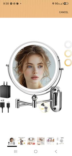 9" Wall Mounted Lighted Makeup Mirror,4000mAh Rechargeable Double Sided 1X/10X Magnifying Mirror with Light,3 Color Lights,Touch Dimmable,Extended Arm